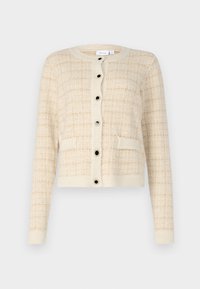 Beige pletený cardigan s texturovaným kostkovaným vzorem, kulatým výstřihem, předními kapsami a černými knoflíky po celé délce.