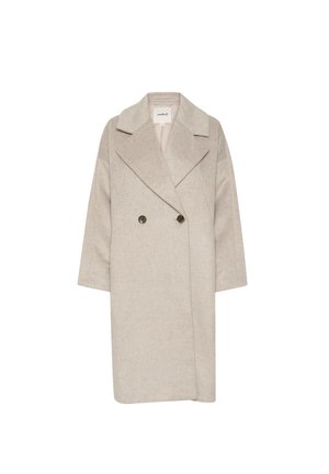 Light beige wool blend coat with a double-breasted front, large lapels, and three-quarter sleeves. Features two large buttons.
