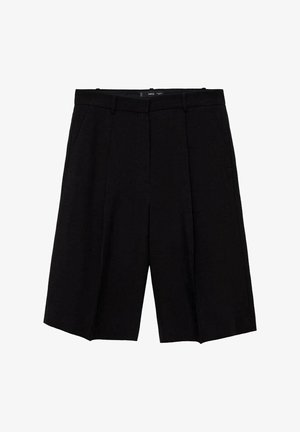 Zwarte op maat gemaakte shorts met een brede pijp, met plooien aan de voorkant. Gemaakt van een gladde stof, ontworpen voor een gestructureerde pasvorm.