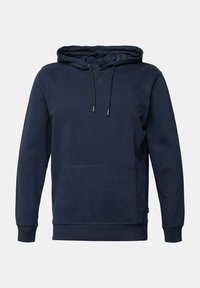 Sudadera azul marino hecha de una tela suave, con un bolsillo frontal, cordones, puños y dobladillo acanalados. Diseño clásico con detalles mínimos.