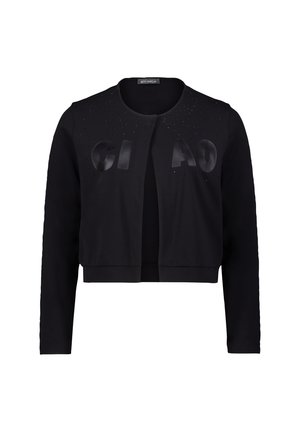 Schwarzer verkürzter Cardigan mit langen Ärmeln, rundem Ausschnitt, subtilen Nieten und glänzendem "CIAO"-Text auf der Vorderseite.