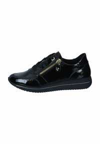 Zwarte gepatineerde leren sneakers met een ronde neus, vetersluiting aan de voorkant, decoratieve zijrits en een gestructureerde afwerking. Inclusief een contrasterende zool.