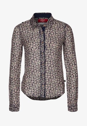 Floral button-up shirt with a navy blue background, featuring small pink and white flowers, long sleeves, and a traditional collar.