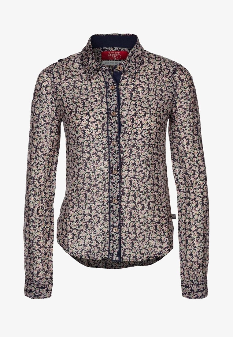 Camicia a bottone floreale con sfondo blu navy, caratterizzata da piccoli fiori rosa e bianchi, maniche lunghe e colletto tradizionale.