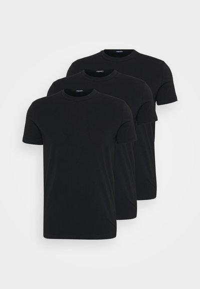 Three plain black short-sleeve crew neck T-shirts stacked and displayed against a white background.