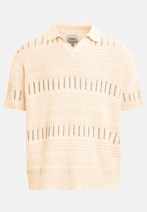 Kreemikas lühikeste varrukatega polo särk, millel on tekstureeritud avatud kootud mustrid ning soonikuga krae ja serv.