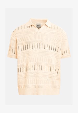 Kreemikas lühikeste varrukatega polo särk, millel on tekstureeritud avatud kootud mustrid ning soonikuga krae ja serv.