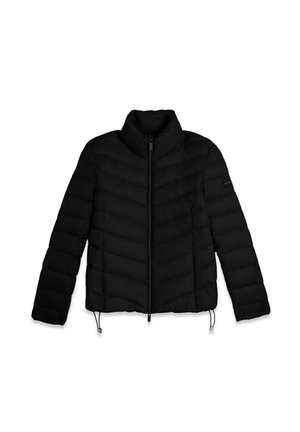 Giacca imbottita nera trapuntata con collo alto, zip frontale intera, maniche lunghe e orlo regolabile con coulisse.