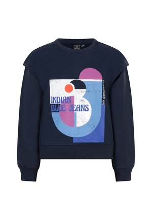 Marineblauer Sweatshirt mit Rundhalsausschnitt, das ein grafisches Design mit kreisförmigen Formen in Rot, Pink und Blau zeigt. Weicher Stoff und kürzerer Schnitt.
