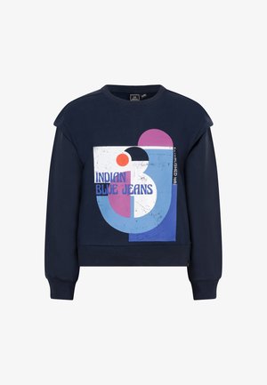 Navyblauwe sweatshirt met een ronde halslijn, voorzien van een grafisch ontwerp met cirkelvormige vormen in rood, roze en blauw. Zachte textuur en cropped fit.