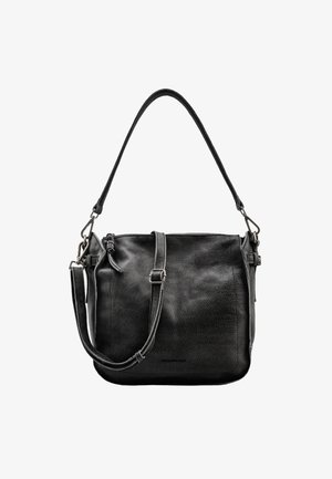 Borsa a tracolla in pelle nera con trama, dotata di tracolla regolabile, chiusura con cerniera e piccolo dettaglio con fibbia sul davanti.