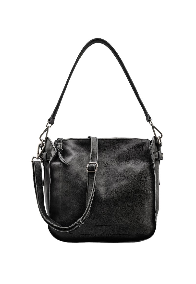 Borsa a tracolla in pelle nera con trama, dotata di tracolla regolabile, chiusura con cerniera e piccolo dettaglio con fibbia sul davanti.