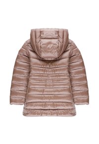 Giubbotto imbottito marrone con cappuccio, caratterizzato da un design a righe orizzontali e da un tessuto liscio e lucido. La vista posteriore mostra i dettagli delle cuciture e la texture.