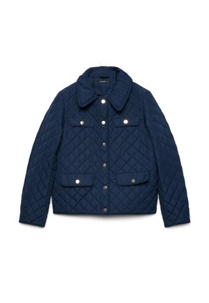 Veste matelassée bleu marine avec col, manches longues, boutons-pression sur le devant et quatre poches à rabat avec boutons-pression, posée à plat sur fond blanc.