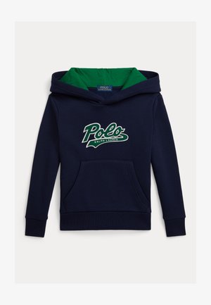 Sweatshirt azul-marinho com capuz interior verde, apresentando um logótipo "Polo Ralph Lauren" em branco e verde e um bolso frontal. Tecido macio, ajuste regular.