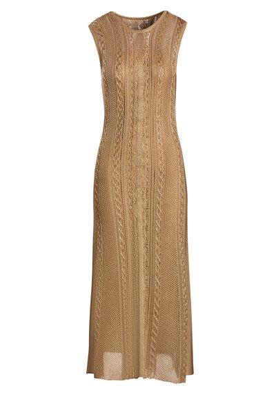 Robe sans manches en tricot de couleur brun clair, dotée de motifs complexes et d'une silhouette droite, avec un col rond.