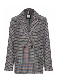 Dubbelzijdige blazer in een meerkleurig houndstooth patroon, met een geknipt kraag, lange mouwen en twee donkere knopen aan de voorkant.