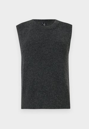Dark gray sleeveless sweater with ribbed texture, rounded neckline, and banded bottom hem. Simple design without additional patterns or details.