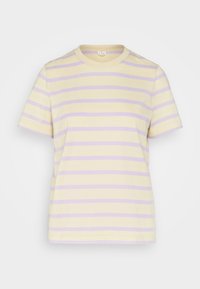Yellow and lavender striped t-shirt with short sleeves, a round neckline, and a soft cotton texture. Simple and casual design.