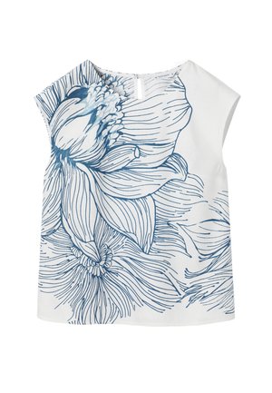 Top bianco senza maniche con grande stampa floreale blu in stile lineare e chiusura con zip sul retro.