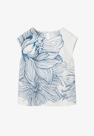 Top bianco senza maniche con grande stampa floreale blu in stile lineare e chiusura con zip sul retro.