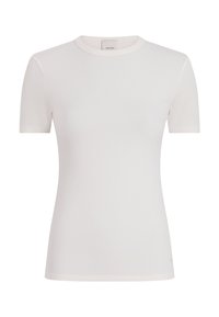 Weißes, geripptes T-Shirt mit kurzen Ärmeln, Rundhals-Ausschnitt, aus weichem Stoff gefertigt. Dezentes Logo-Detail auf der unteren rechten Seite.