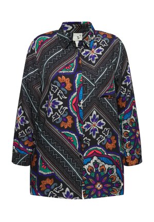 Chemise à manches longues boutonnée en tissu noir présentant un imprimé floral et géométrique coloré, avec des couleurs vives variées et des motifs complexes.
