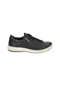 Black leather sneaker with a white rubber sole, features a side zipper and laces, rounded toe, and a smooth texture.