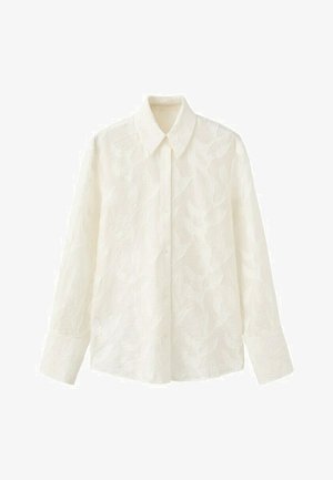 Biała koszula z długim rękawem na guziki z ostrym kołnierzykiem, z subtelnym wzorem liści na tkaninie.
