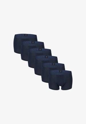 Boxer da uomo blu navy con fascia in tinta unita recante il logo "JOOP!". Realizzati in materiale morbido, sei paia disposte in fila.