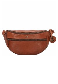 Braune Leder-Gürteltasche mit zwei Reißverschlussfächern, runder Form, strukturiertem Finish und einem Metallemblem in Form eines Ankers auf einem runden Anhänger.