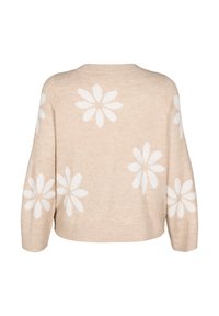 Beige Wollpullover mit weißen Gänseblümchenmustern, cropped Länge, runder Ausschnitt und gerippten Bündchen. Weiche Textur, lässiges Design, das sich gut zum Layering eignet.