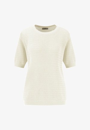 Light-colored knit sweater with short sleeves, featuring a textured pattern, ribbed neckline, and hem. Made from breathable fabric.