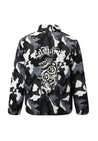 Svart, grå och vit mönstrad sherpa-jacka med drake- och rosbroderi på baksidan med "Ed Hardy" text ovanför.