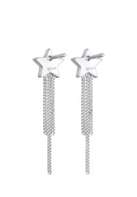 Silver stjärnformade örhängen med två långa, kedjeliknande hängande delar. Märkta med "925" för att indikera sterlingsilver. Slät yta.