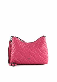 Sac à bandoulière en cuir tressé rose avec bandoulière réglable et fermeture éclair, doté d'un petit logo de marque métallique à l'avant.