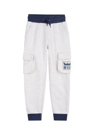 Lichtgrijze cargo joggerbroek met marineblauwe elastische tailleband, trekkoord, boorden, zijzakken en Timberland-logo op de rechterzak.