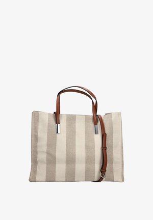 Sac fourre-tout en toile beige avec des rayures verticales et des anses en cuir marron ainsi qu'une bandoulière ajustable.