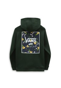 Felpa verde con cappuccio che presenta una stampa floreale con fiori gialli e bianchi su uno sfondo scuro. Logo 'VANS' centrato in bianco.