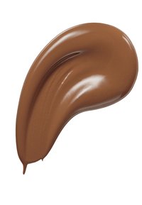Échantillon de produit crème marron avec une texture lisse et brillante, présentant une couleur riche et profonde ainsi qu'une forme courbée et fluide.