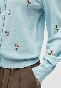 Cardigan tricoté bleu clair avec broderies florales en rose, bleu et orange. Poignets et ourlet côtelés avec un design boutonné à l'avant.