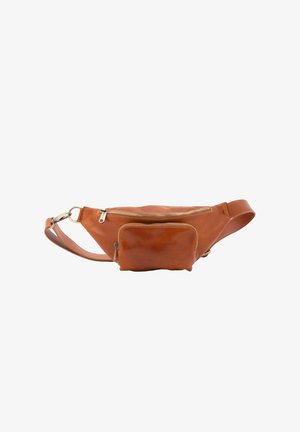 Braune Leder-Hüfttasche mit strukturiertem Finish, ausgestattet mit einem Hauptreißverschlussfach und einer Fronttasche, verstellbarem Riemen und goldfarbenen Beschlägen.