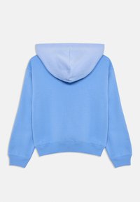 Ανοιχτό μπλε φούτερ με κουκούλα, που διαθέτει μαλακή υφή, ριγέ μανσέτες και κουκούλα σε σχήμα σταγόνας. Η πίσω πλευρά εμφανίζει απλότητα στο σχέδιο.