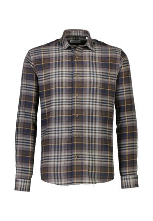 Koszula w kratę z długim rękawem w kolorach niebieskim, brązowym i szarym, z zapięciem na guziki i standardowym kołnierzykiem. Wykonana z tkaniny bawełnianej.
