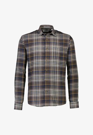 Koszula w kratę z długim rękawem w kolorach niebieskim, brązowym i szarym, z zapięciem na guziki i standardowym kołnierzykiem. Wykonana z tkaniny bawełnianej.