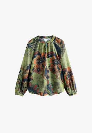 Žalia ilgasleeve bluzonė su gėlių raštu, kuriame vyrauja oranžinės ir mėlynos gėlės. Susiraukšlėjusi iškirptė ir elastinės rankogaliai. Lengvas audinys.