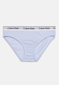 Γαλάζια γυναικεία εσώρουχα με λευκή ελαστική μέση που φέρει επαναλαμβανόμενα λογότυπα "Calvin Klein" σε μαύρο χρώμα.