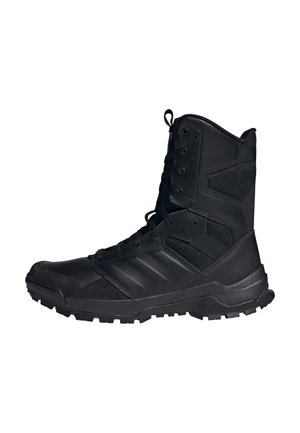 Black high-top tactical boot with laces, rugged sole, reinforced ankle support, and pull tab on a white background.