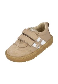 Zapato de niñ@ beige con dos correas de Velcro, detalles en blanco, suela suave y la marca "Blanditos" en el costado y en la lengüeta.