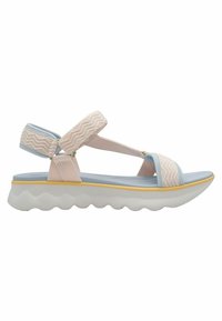Sandales à brides avec une tige en tissu rose clair, des accents bleus et une semelle texturée. La semelle présente un design ondulé pour plus de flexibilité.